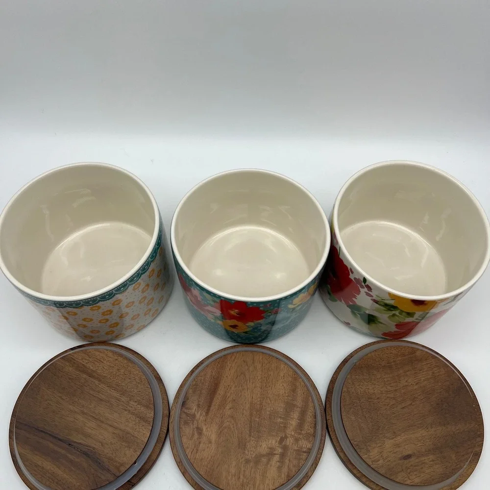 The Pioneer Woman Stackable 3 Piece Stoneware Canister Set Acacia Sealing Lids